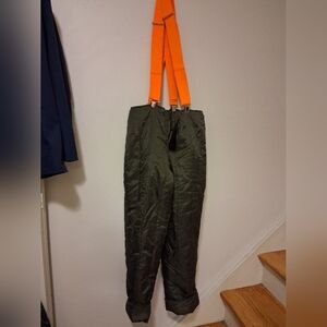 Men's Army Green Liner Pants with Orange Suspenders Open Top
